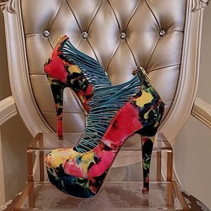 Anne Michelle Floral Print Platform Stilettos